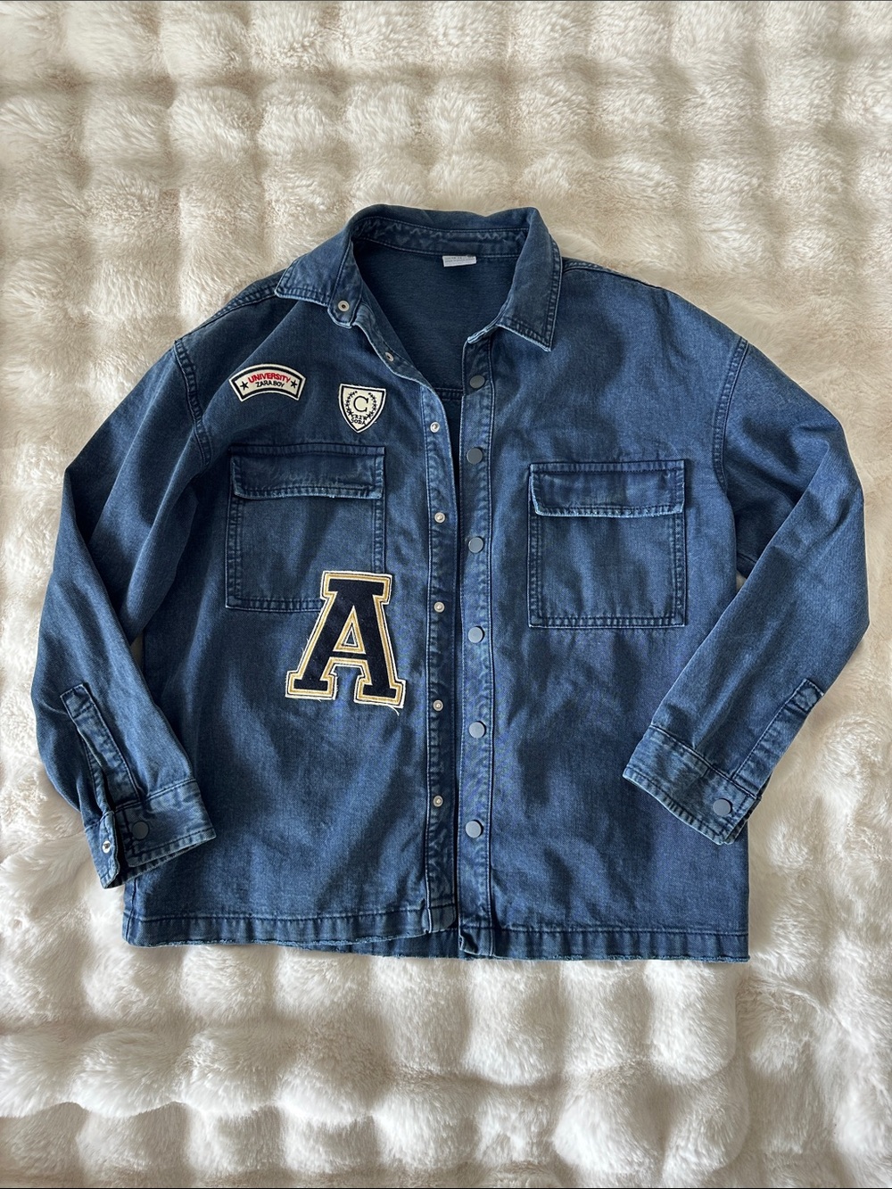 Zara Navy Patchwork Snap-Front Denim Jacket